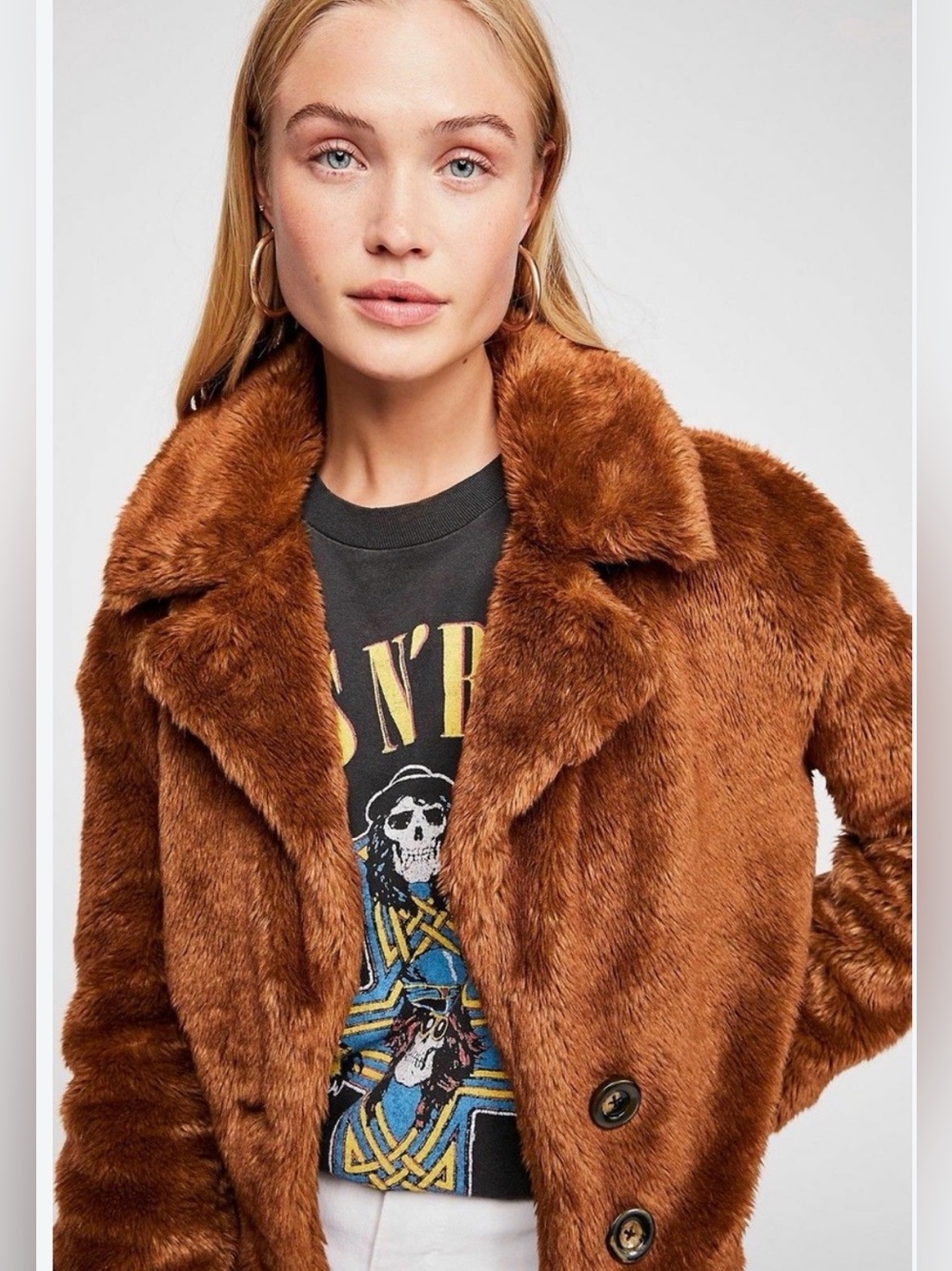 Free People Cropped Brown Mena Faux Fur Fluffy Teddy Jacket Coat Boho